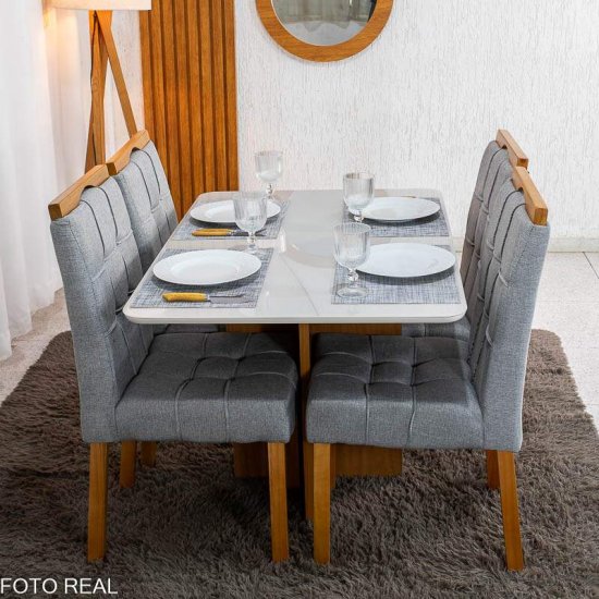 Mesa de Jantar Moscou 120x80 Vidro Off Base Cinamomo Minas Plac + 4 Cadeiras Sophia Linho Cinza 206 Estrutura Madeira WM Decor - Entregue Montada