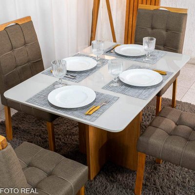 Mesa de Jantar Moscou 120x80 Vidro Off Base Cinamomo Minas Plac + 4 Cadeiras Sophia Linho Marrom 207 Estrutura Madeira WM Decor - Entregue Montada