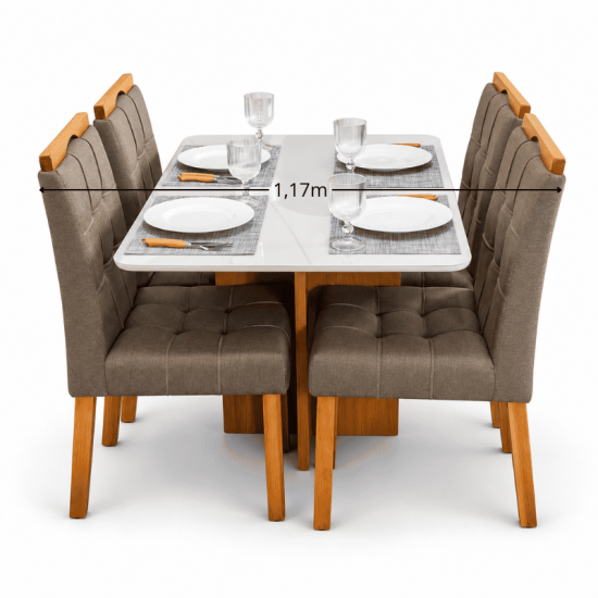 Mesa de Jantar Moscou 120x80 Vidro Off Base Cinamomo Minas Plac + 4 Cadeiras Sophia Linho Marrom 207 Estrutura Madeira WM Decor - Entregue Montada