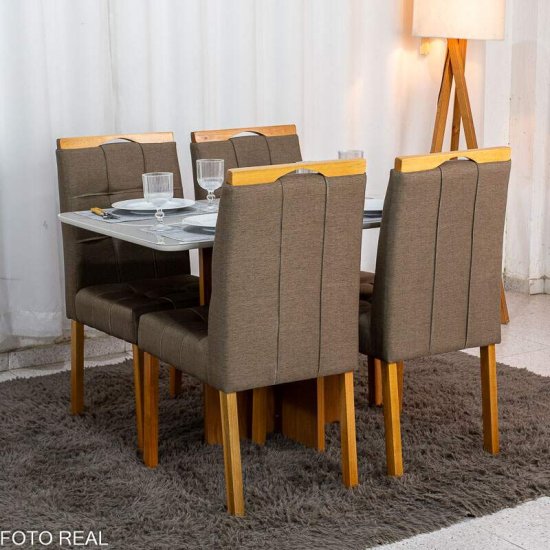 Mesa de Jantar Moscou 120x80 Vidro Off Base Cinamomo Minas Plac + 4 Cadeiras Sophia Linho Marrom 207 Estrutura Madeira WM Decor - Entregue Montada