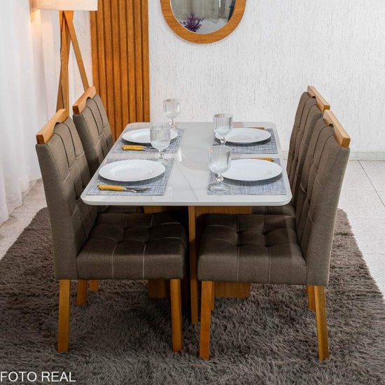 Mesa de Jantar Moscou 120x80 Vidro Off Base Cinamomo Minas Plac + 4 Cadeiras Sophia Linho Marrom 207 Estrutura Madeira WM Decor - Entregue Montada