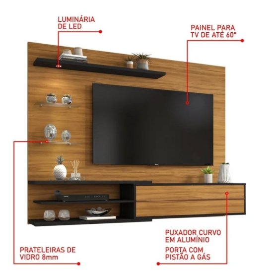 Painel 1,80m NT 1115 Freij�/Preto com LED para TV at� 60\\\" - Not�vel