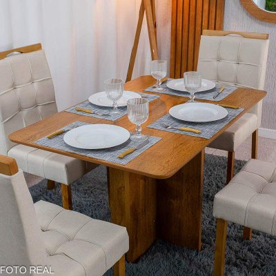 Mesa de Jantar Salina 120x80 Tampo Londres Cinamomo Cel M�veis + 4 Cadeiras Sophia Linho Bege 2000 Estrutura Madeira WM Decor - Entregue Montada
