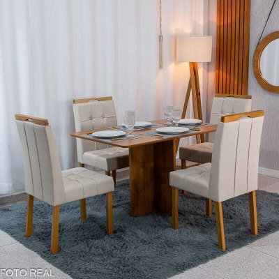 Mesa de Jantar Salina 120x80 Tampo Londres Cinamomo Cel M�veis + 4 Cadeiras Sophia Linho Bege 2000 Estrutura Madeira WM Decor - Entregue Montada