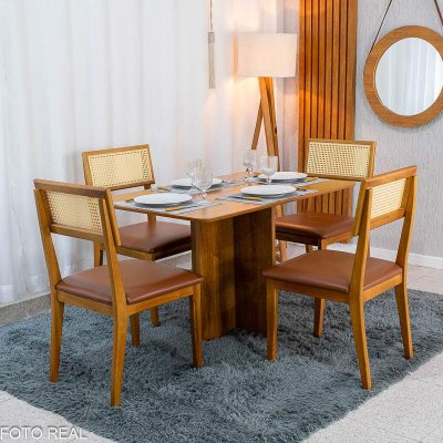 Mesa de Jantar Salina 120x80 Tampo Londres Cinamomo Cel M�veis + 4 Cadeiras Ava Corino Caramelo 302 Estrutura Madeira Prensar - Entregue Montada