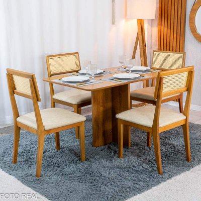 Mesa de Jantar Salina 120x80 Tampo Londres Cinamomo Cel M�veis + 4 Cadeiras Ava Corino Creme 307 Estrutura Madeira Prensar - Entregue Montada