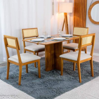 Mesa de Jantar Salina 120x80 Tampo Londres Cinamomo Cel M�veis + 4 Cadeiras Ava Linho Aveia 106 Estrutura Madeira Prensar - Entregue Montada