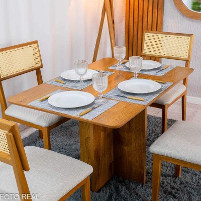Mesa de Jantar Salina 120x80 Tampo Londres Cinamomo Cel M�veis + 4 Cadeiras Ava Linho Aveia 106 Estrutura Madeira Prensar - Entregue Montada