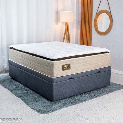 Colch�o Casal Molas Ensacadas BlueWave Twins Gazin + Base Box Ba� Casal Confort Linh�o Petr�leo Blindado Issacar - 138x188x79