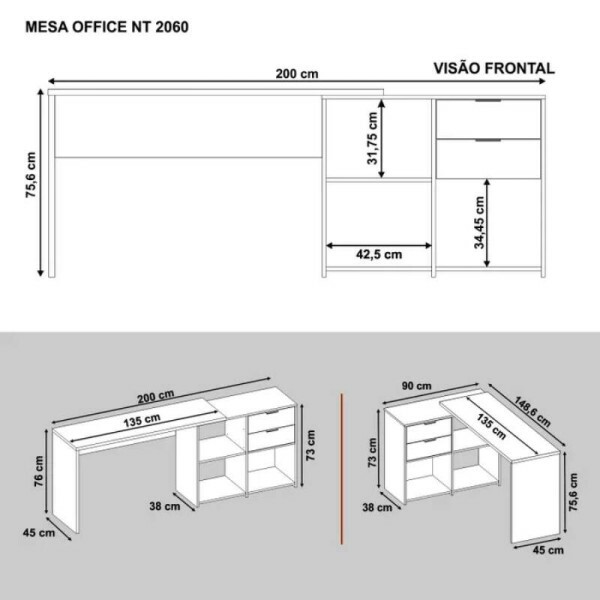 Mesa Office NT 2060 Preto 2 Gavetas Larg. 2.00m - Notvel
