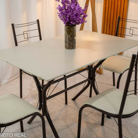 Mesa Paraty Base Cabo Frio Marrom Tampo Pedra Off 120x75 4 Cadeiras Paraty Assento Creme - Teixeira