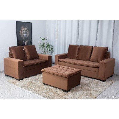 Sof 3 e 2 lugares Frana com Puff Veludo Cobre Larg. 1.86m