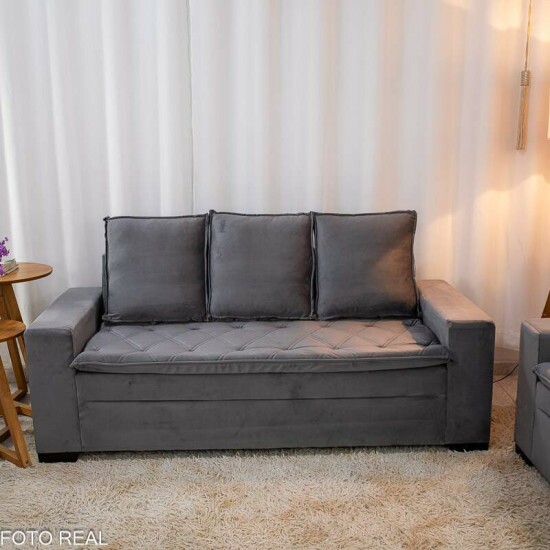 Sof� 3 e 2 lugares Fran�a com Puff Veludo Cinza A15