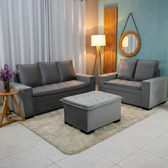 Sof� 3 e 2 lugares Fran�a com Puff Veludo Cinza A15