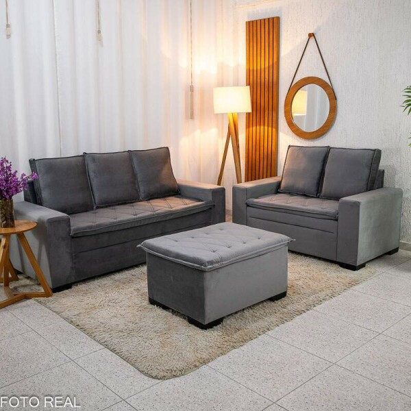 Sof 3 e 2 lugares Frana com Puff Veludo Cinza A15 Larg. 1.86m