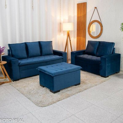 Sof 3 e 2 lugares Frana com Puff Veludo Azul A16 Larg. 1.86m