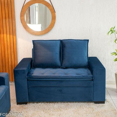 Sof 3 e 2 lugares Frana com Puff Veludo Azul A16 Larg. 1.86m