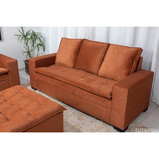 Sof� 3 e 2 Lugares Fran�a com Puff Veludo Terracota A33