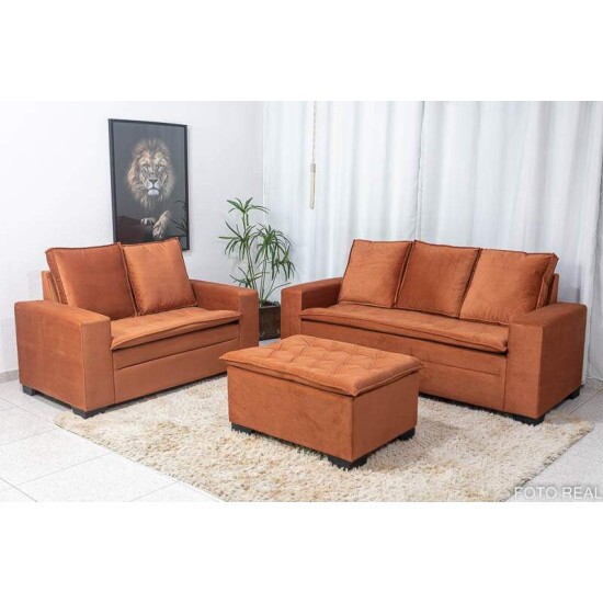 Sof� 3 e 2 Lugares Fran�a com Puff Veludo Terracota A33