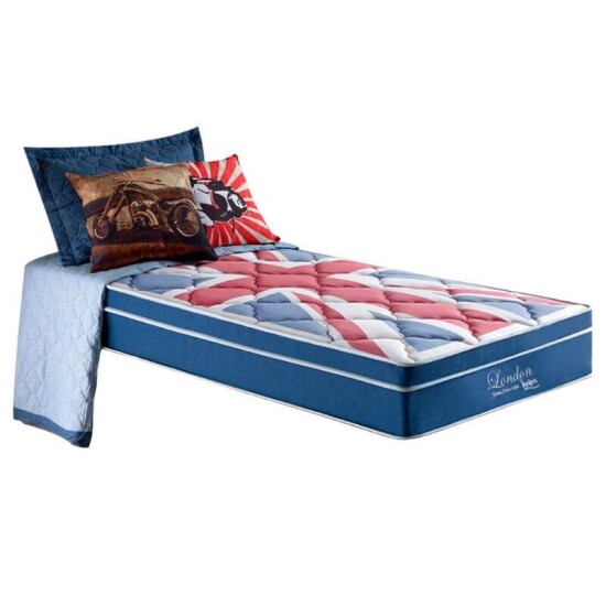 Colch�o Solteiro Molas Superlastic London Anjos + Base Box Solteiro Azul - 88x188x68 cm