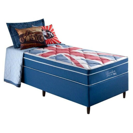Colch�o Solteiro Molas Superlastic London Anjos + Base Box Solteiro Azul - 88x188x68 cm