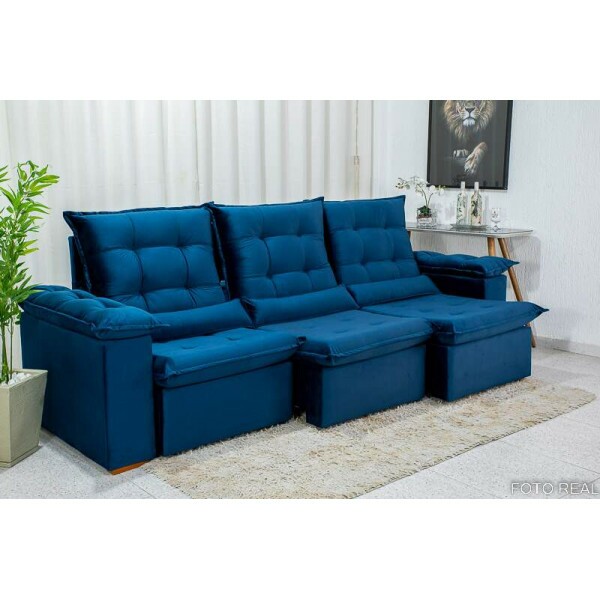 Sof Retrtil Reclinvel Madri 2.70m Veludo Azul 03 - D28 Soft