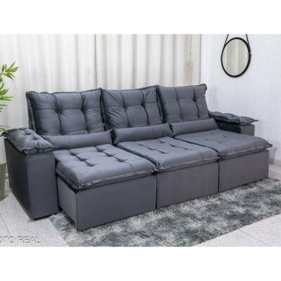 Sof Retrtil Reclinvel Grcia 2.70m Veludo Cinza - Sem Caixa