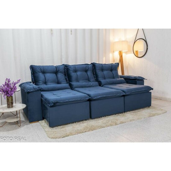 Sof� Retr�til Reclin�vel Gr�cia 2.70m Veludo Azul - Sem Caixa