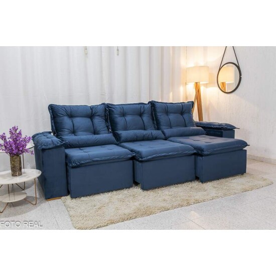 Sof� Retr�til Reclin�vel Gr�cia 2.70m Veludo Azul - Sem Caixa