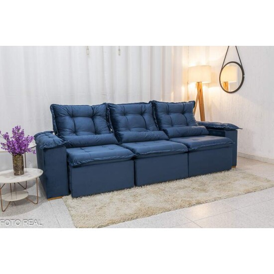 Sof� Retr�til Reclin�vel Gr�cia 2.70m Veludo Azul - Sem Caixa
