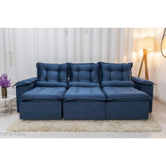 Sof� Retr�til Reclin�vel Gr�cia 2.70m Veludo Azul - Sem Caixa