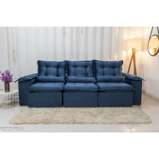 Sof� Retr�til Reclin�vel Gr�cia 2.70m Veludo Azul - Sem Caixa