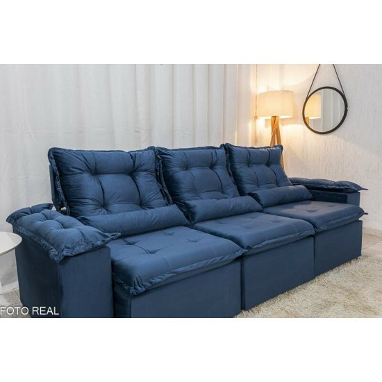 Sof� Retr�til Reclin�vel Gr�cia 2.70m Veludo Azul - Sem Caixa