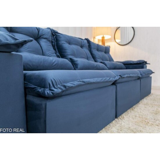 Sof� Retr�til Reclin�vel Gr�cia 2.70m Veludo Azul - Sem Caixa