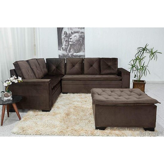 Sof Canto 5 lugares com Puff Alemanha Veludo Marrom A17