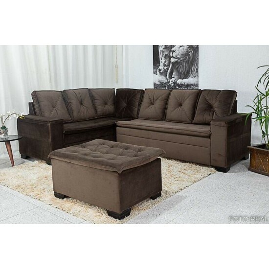 Sof Canto 5 lugares com Puff Alemanha Veludo Marrom A17