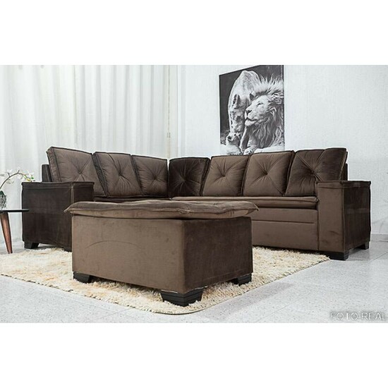 Sof Canto 5 lugares com Puff Alemanha Veludo Marrom A17