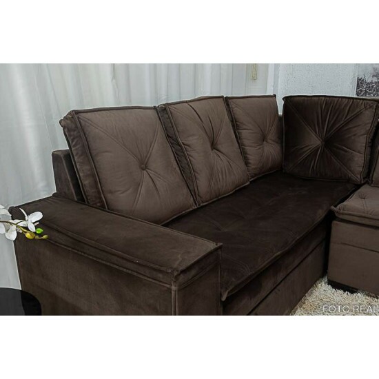 Sof Canto 5 lugares com Puff Alemanha Veludo Marrom A17