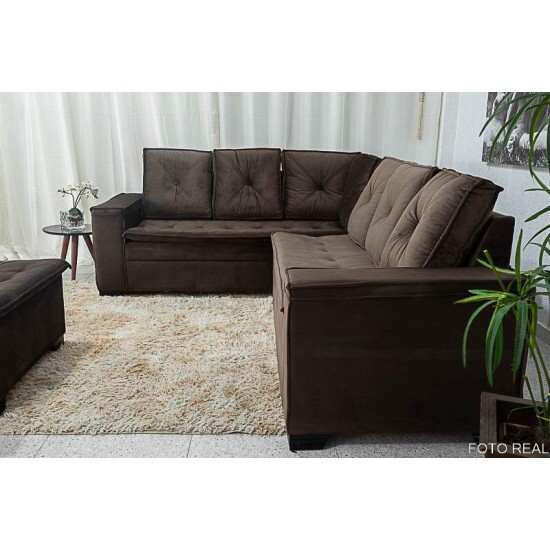 Sof Canto 5 lugares com Puff Alemanha Veludo Marrom A17