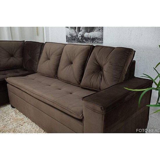 Sof Canto 5 lugares com Puff Alemanha Veludo Marrom A17