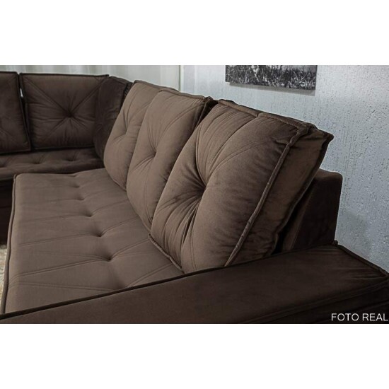Sof Canto 5 lugares com Puff Alemanha Veludo Marrom A17