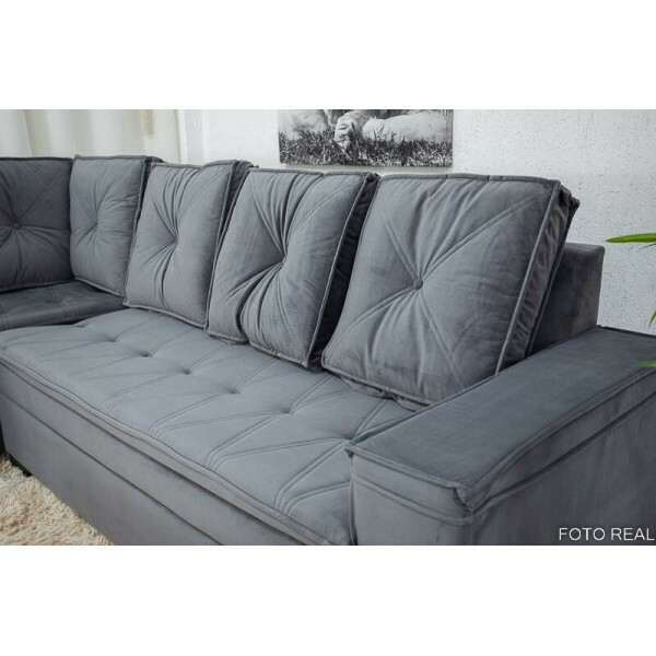 Sof Canto 5 lugares com Puff Alemanha Veludo Grafite A15