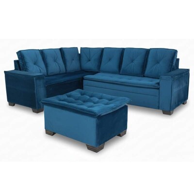 Sof Canto 5 lugares com Puff Alemanha Veludo Azul A16