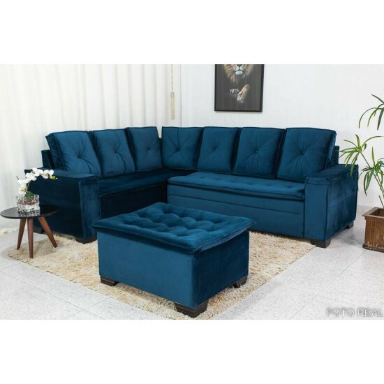 Sof Canto 5 lugares com Puff Alemanha Veludo Azul A16