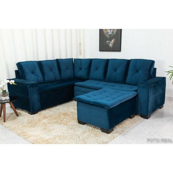 Sof Canto 5 lugares com Puff Alemanha Veludo Azul A16