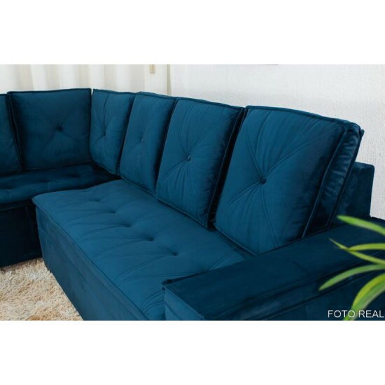 Sof Canto 5 lugares com Puff Alemanha Veludo Azul A16