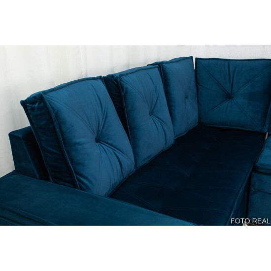 Sof Canto 5 lugares com Puff Alemanha Veludo Azul A16