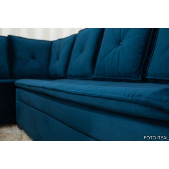 Sof Canto 5 lugares com Puff Alemanha Veludo Azul A16