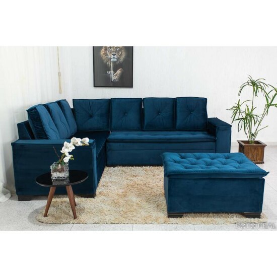 Sof Canto 5 lugares com Puff Alemanha Veludo Azul A16