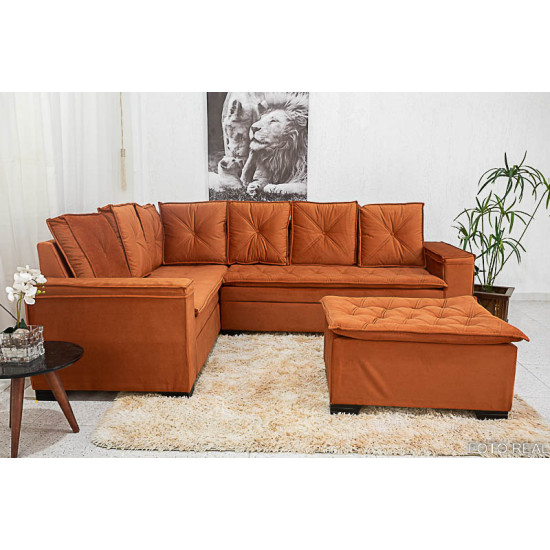 Sof� Canto 5 lugares com Puff Alemanha Veludo Terracota A33